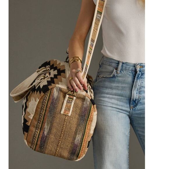 Western Aztec Cotton Duffel Travel Bag Cream Black Tan - Picture 3 of 4